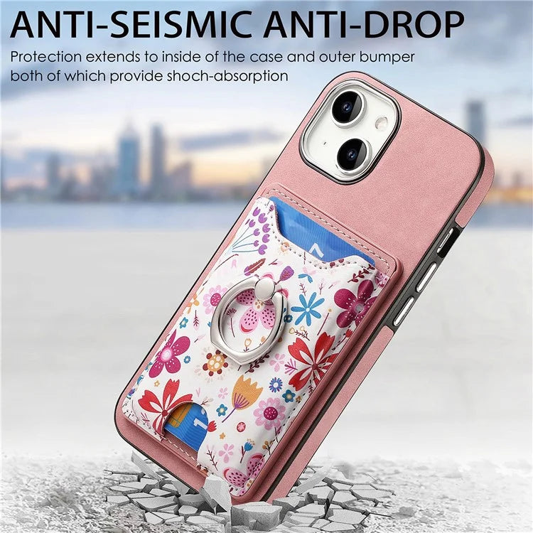 E4 for iPhone 14 Phone Case Anit-Fall Kickstand Back Cover Pattern Card Holder