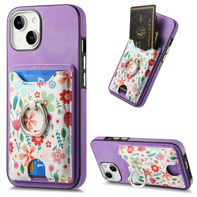 E4 for iPhone 14 Phone Case Anit-Fall Kickstand Back Cover Pattern Card Holder
