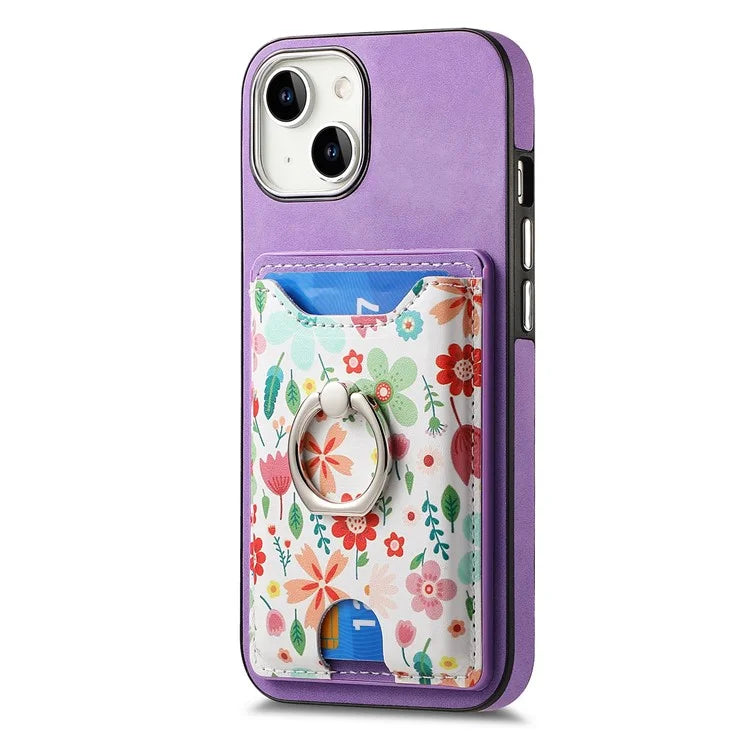 E4 for iPhone 14 Phone Case Anit-Fall Kickstand Back Cover Pattern Card Holder