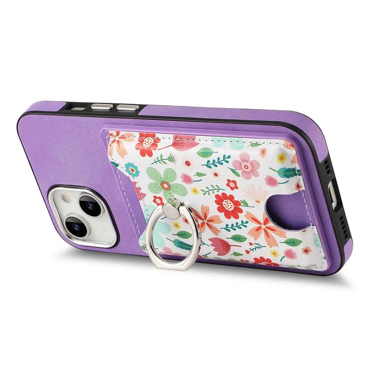 E4 for iPhone 14 Phone Case Anit-Fall Kickstand Back Cover Pattern Card Holder