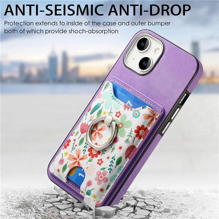 E4 for iPhone 14 Phone Case Anit-Fall Kickstand Back Cover Pattern Card Holder