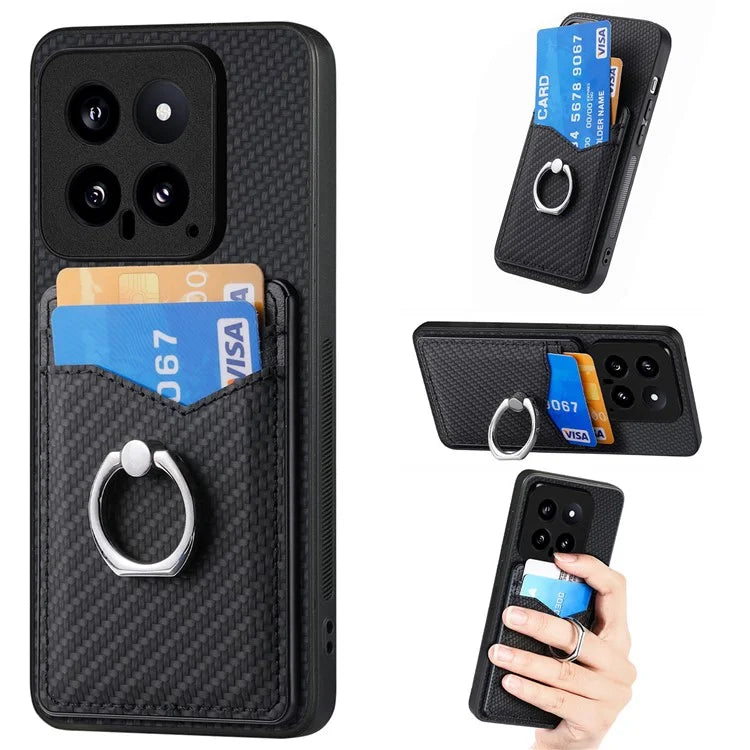 C1-8 For Xiaomi 14 Phone Case Ring Holder Card Slots Cover Carbon Fiber Texture