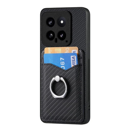 C1-8 For Xiaomi 14 Phone Case Ring Holder Card Slots Cover Carbon Fiber Texture