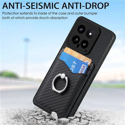 C1-8 For Xiaomi 14 Phone Case Ring Holder Card Slots Cover Carbon Fiber Texture
