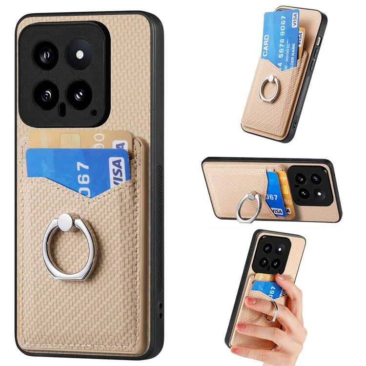 C1-8 For Xiaomi 14 Phone Case Ring Holder Card Slots Cover Carbon Fiber Texture