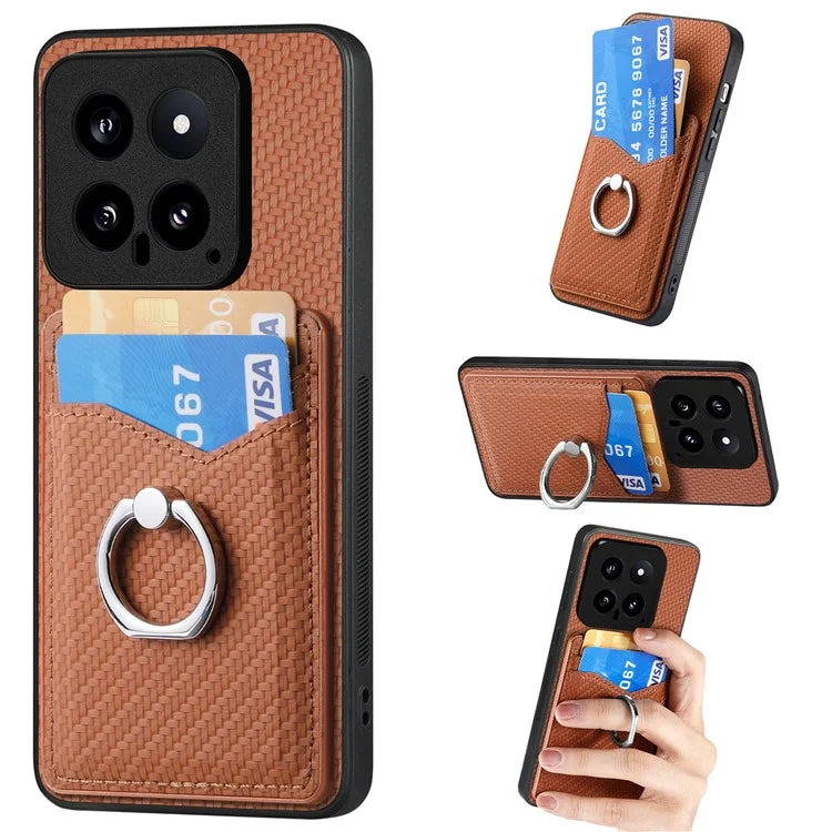 C1-8 For Xiaomi 14 Phone Case Ring Holder Card Slots Cover Carbon Fiber Texture