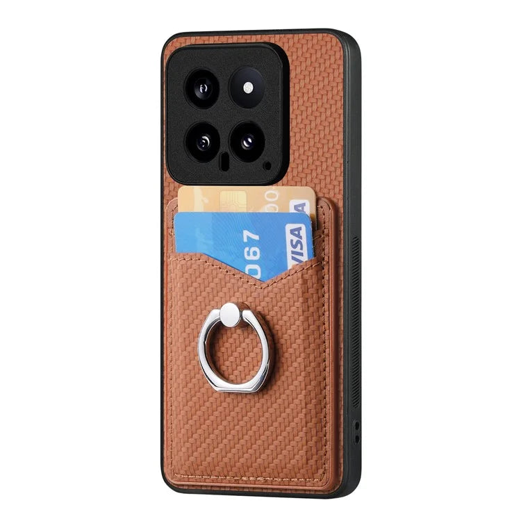 C1-8 For Xiaomi 14 Phone Case Ring Holder Card Slots Cover Carbon Fiber Texture