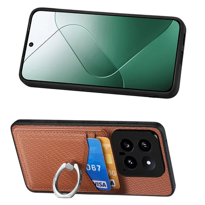 C1-8 For Xiaomi 14 Phone Case Ring Holder Card Slots Cover Carbon Fiber Texture