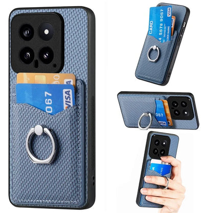 C1-8 For Xiaomi 14 Phone Case Ring Holder Card Slots Cover Carbon Fiber Texture