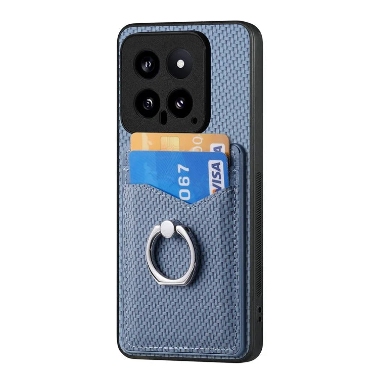 C1-8 For Xiaomi 14 Phone Case Ring Holder Card Slots Cover Carbon Fiber Texture