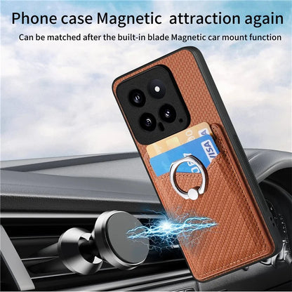 C1-8 For Xiaomi 14 Phone Case Ring Holder Card Slots Cover Carbon Fiber Texture