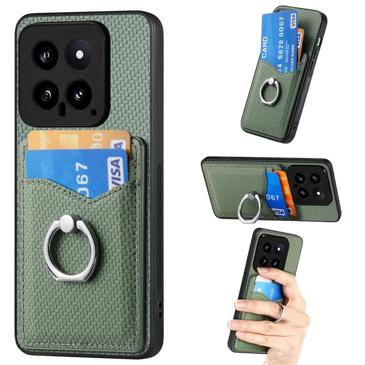 C1-8 For Xiaomi 14 Phone Case Ring Holder Card Slots Cover Carbon Fiber Texture