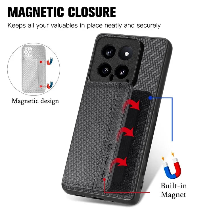 For Xiaomi 14 Magnetic Case Carbon Fiber Texture Kickstand Back Cover