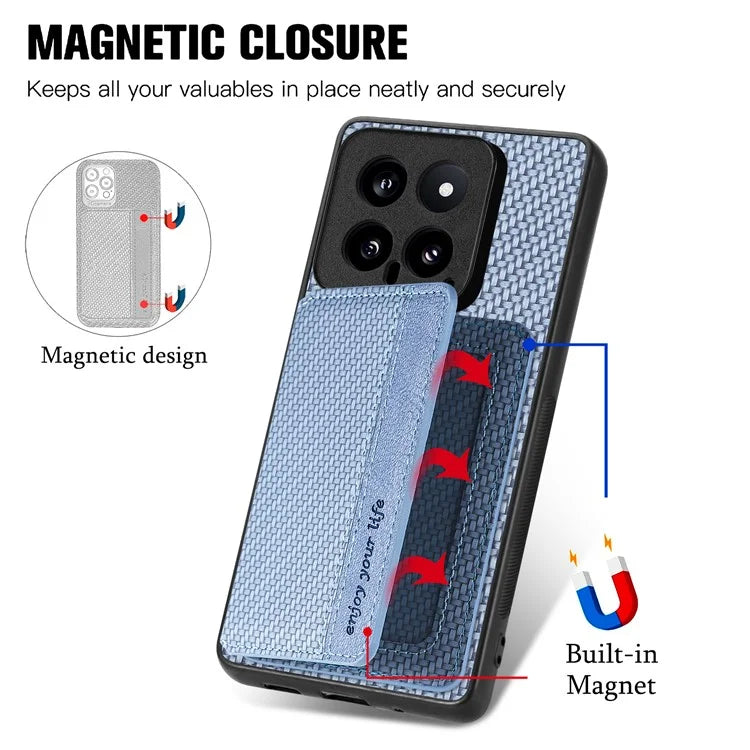 For Xiaomi 14 Magnetic Case Carbon Fiber Texture Kickstand Back Cover