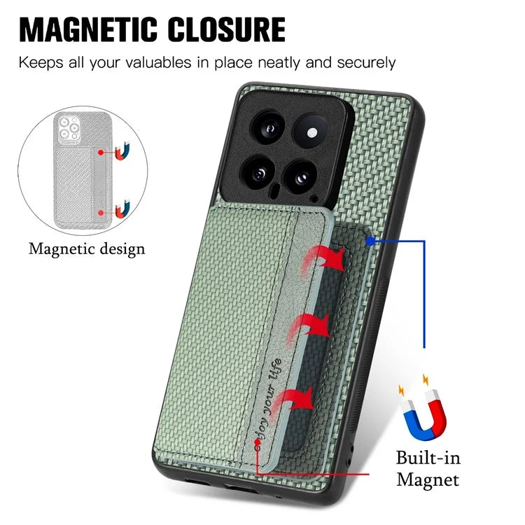 For Xiaomi 14 Magnetic Case Carbon Fiber Texture Kickstand Back Cover