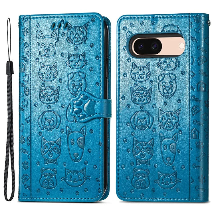 For Google Pixel 8a Leather Case Cat Dog Pattern Magnetic Clasp Wallet Cover
