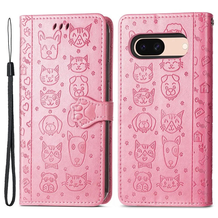 For Google Pixel 8a Leather Case Cat Dog Pattern Magnetic Clasp Wallet Cover