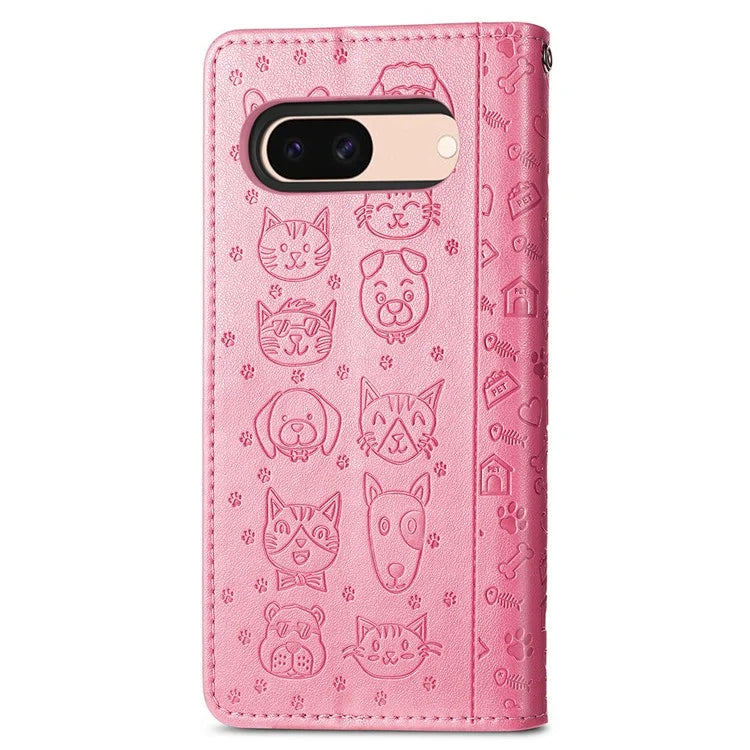 For Google Pixel 8a Leather Case Cat Dog Pattern Magnetic Clasp Wallet Cover
