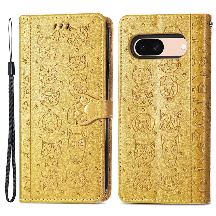 For Google Pixel 8a Leather Case Cat Dog Pattern Magnetic Clasp Wallet Cover