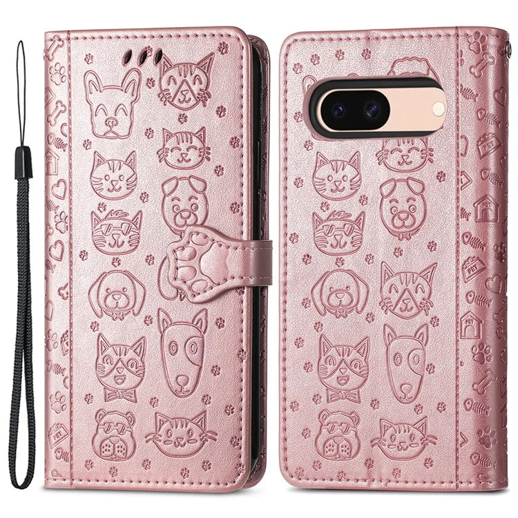 For Google Pixel 8a Leather Case Cat Dog Pattern Magnetic Clasp Wallet Cover