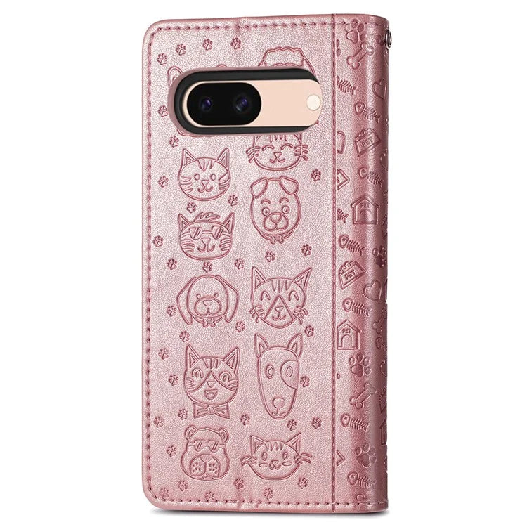For Google Pixel 8a Leather Case Cat Dog Pattern Magnetic Clasp Wallet Cover