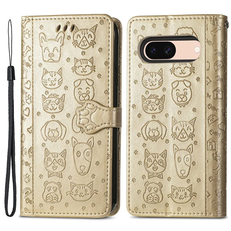 For Google Pixel 8a Leather Case Cat Dog Pattern Magnetic Clasp Wallet Cover