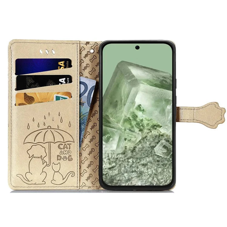 For Google Pixel 8a Leather Case Cat Dog Pattern Magnetic Clasp Wallet Cover