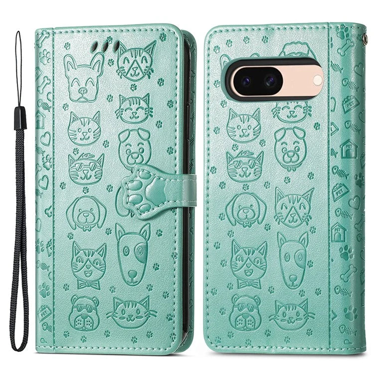 For Google Pixel 8a Leather Case Cat Dog Pattern Magnetic Clasp Wallet Cover