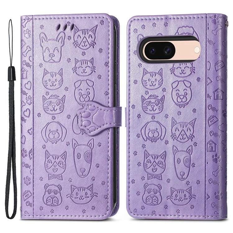 For Google Pixel 8a Leather Case Cat Dog Pattern Magnetic Clasp Wallet Cover