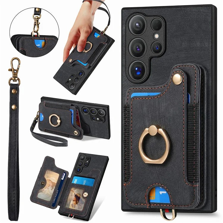 D4 For Samsung Galaxy S24 Ultra Leather Back Cover RFID Blocking Kickstand Phone Case with Card Slots
