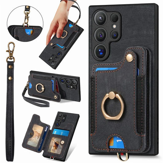 D4 For Samsung Galaxy S24 Ultra Leather Back Cover RFID Blocking Kickstand Phone Case with Card Slots