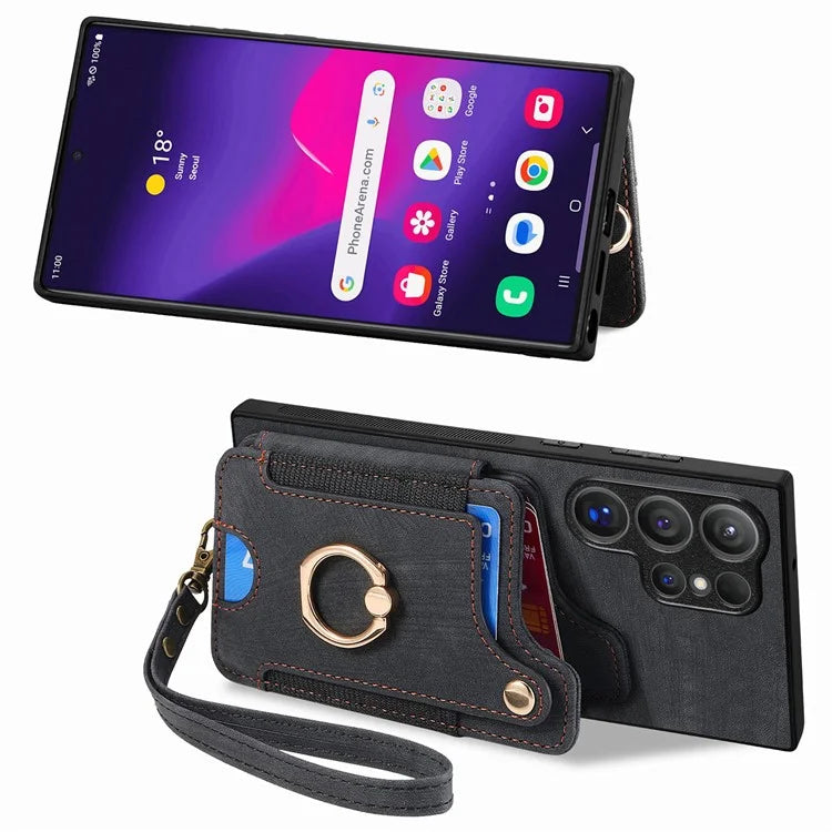 D4 For Samsung Galaxy S24 Ultra Leather Back Cover RFID Blocking Kickstand Phone Case with Card Slots