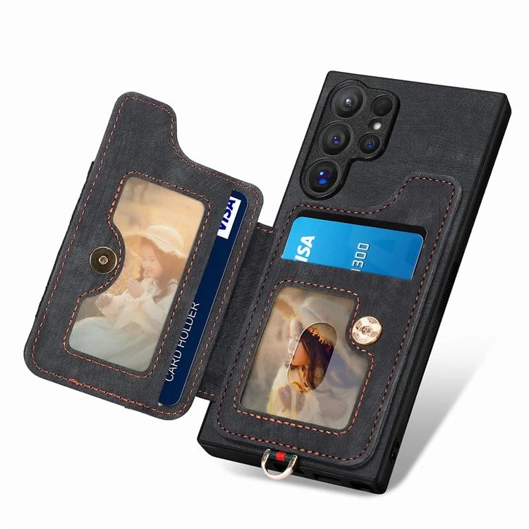 D4 For Samsung Galaxy S24 Ultra Leather Back Cover RFID Blocking Kickstand Phone Case with Card Slots