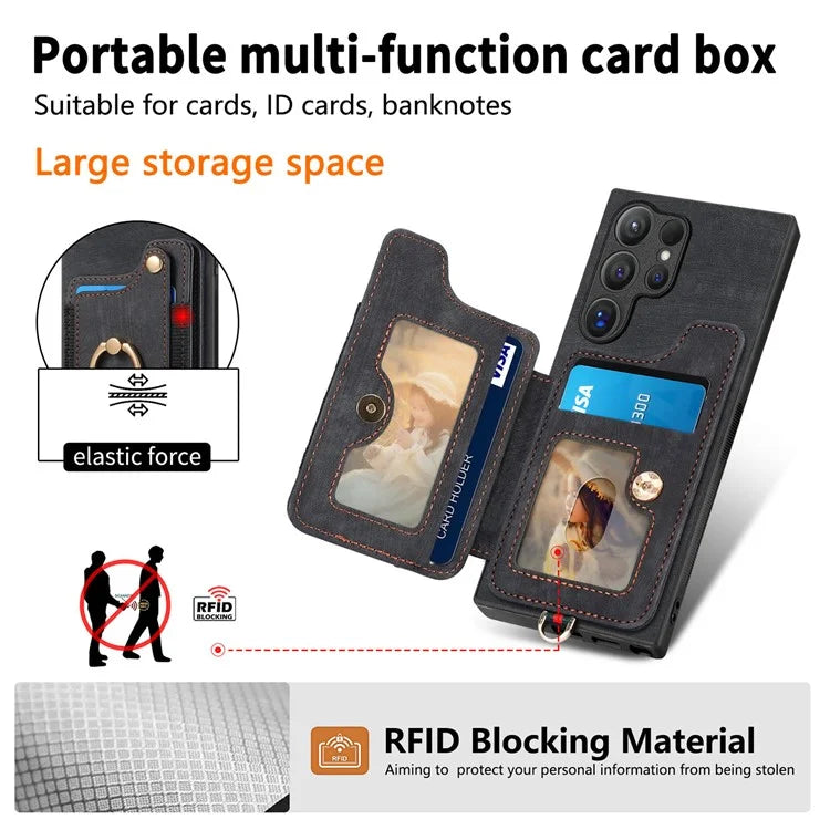 D4 For Samsung Galaxy S24 Ultra Leather Back Cover RFID Blocking Kickstand Phone Case with Card Slots