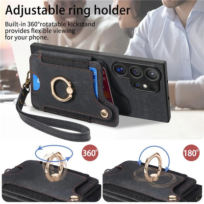 D4 For Samsung Galaxy S24 Ultra Leather Back Cover RFID Blocking Kickstand Phone Case with Card Slots