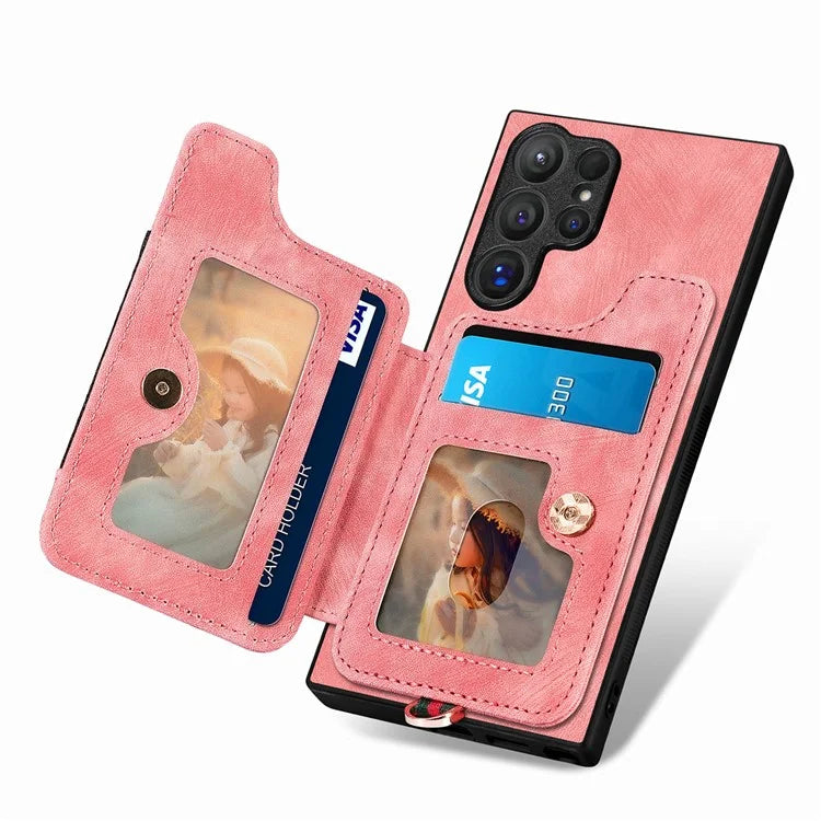 D4 For Samsung Galaxy S24 Ultra Leather Back Cover RFID Blocking Kickstand Phone Case with Card Slots