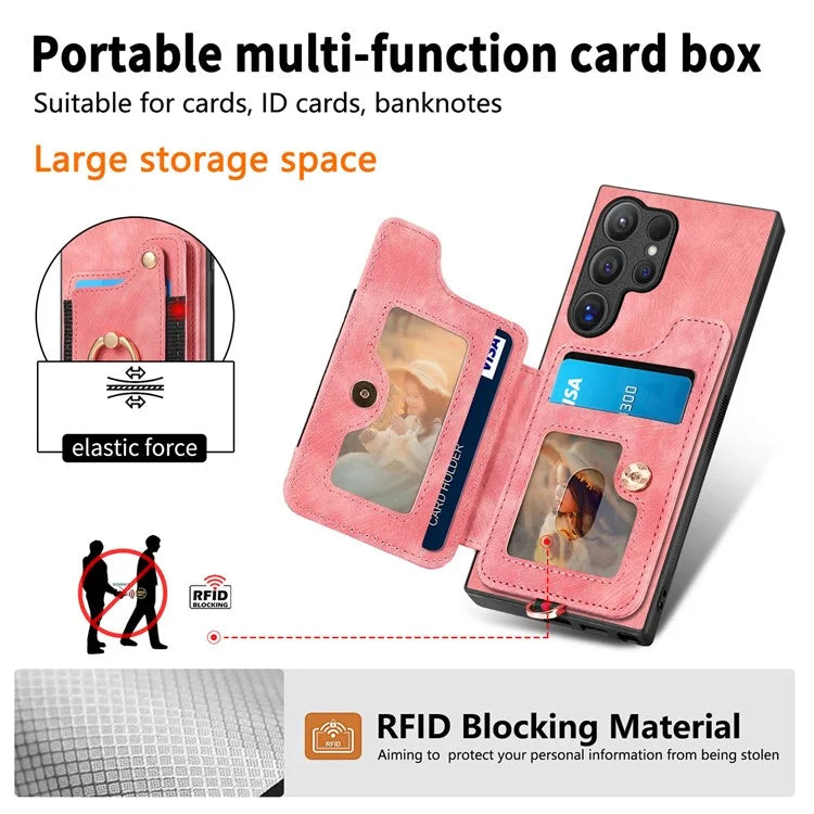 D4 For Samsung Galaxy S24 Ultra Leather Back Cover RFID Blocking Kickstand Phone Case with Card Slots