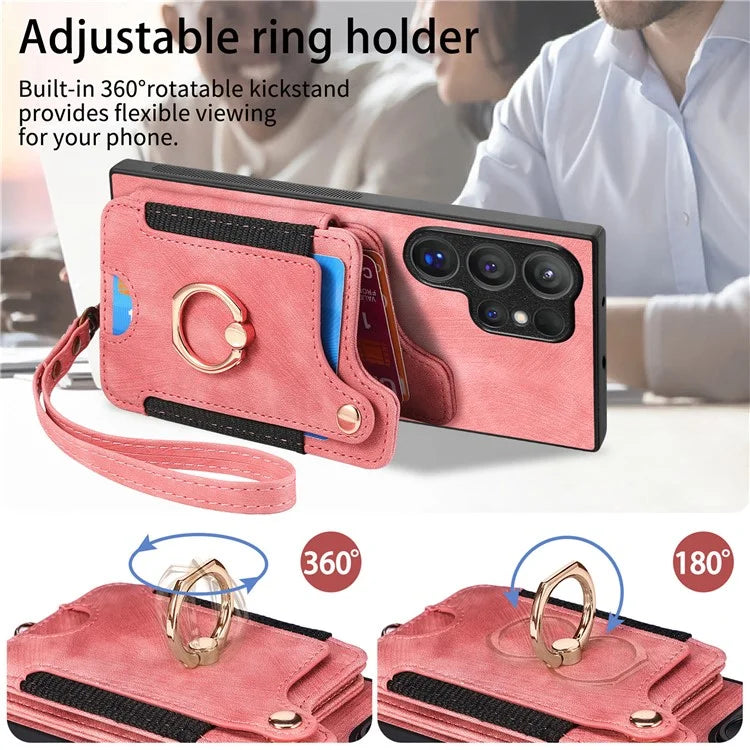 D4 For Samsung Galaxy S24 Ultra Leather Back Cover RFID Blocking Kickstand Phone Case with Card Slots