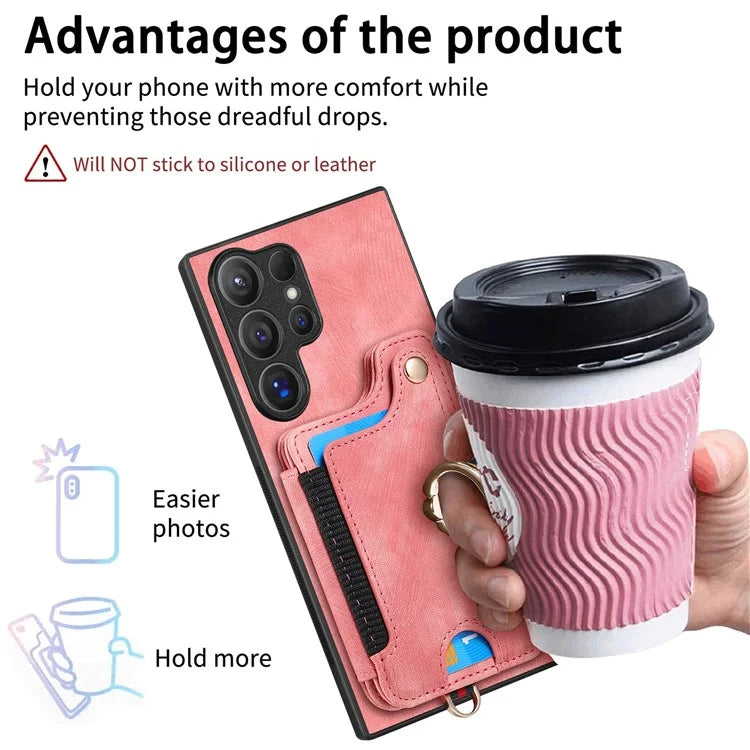 D4 For Samsung Galaxy S24 Ultra Leather Back Cover RFID Blocking Kickstand Phone Case with Card Slots
