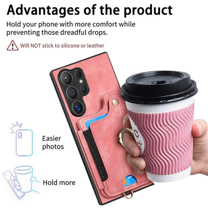 D4 For Samsung Galaxy S24 Ultra Leather Back Cover RFID Blocking Kickstand Phone Case with Card Slots
