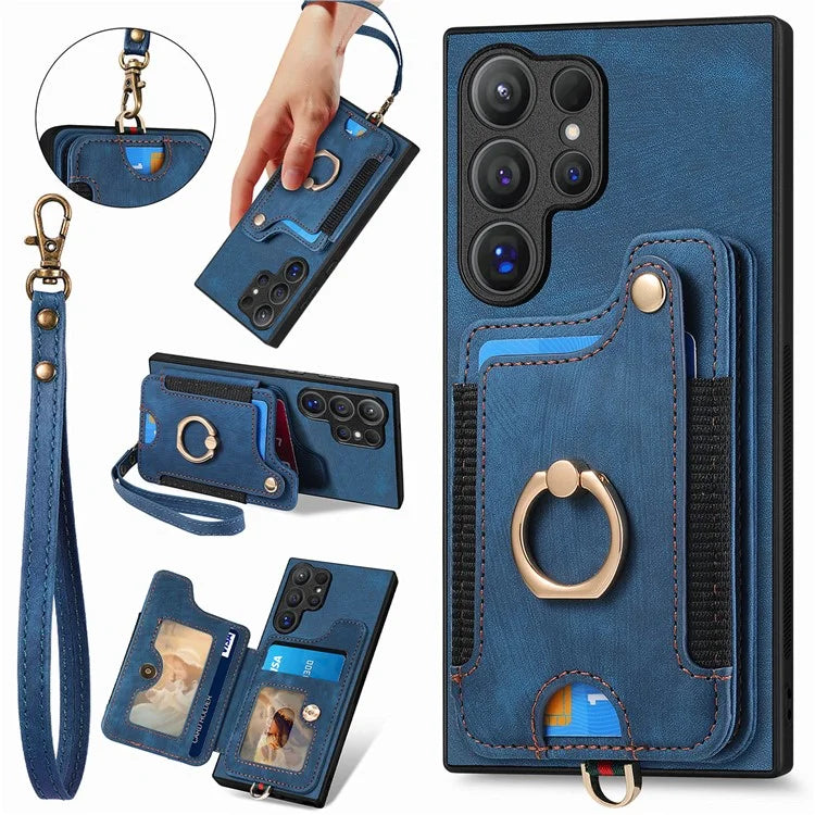 D4 For Samsung Galaxy S24 Ultra Leather Back Cover RFID Blocking Kickstand Phone Case with Card Slots