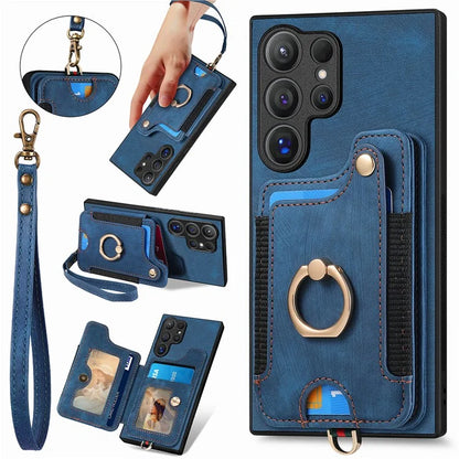 D4 For Samsung Galaxy S24 Ultra Leather Back Cover RFID Blocking Kickstand Phone Case with Card Slots