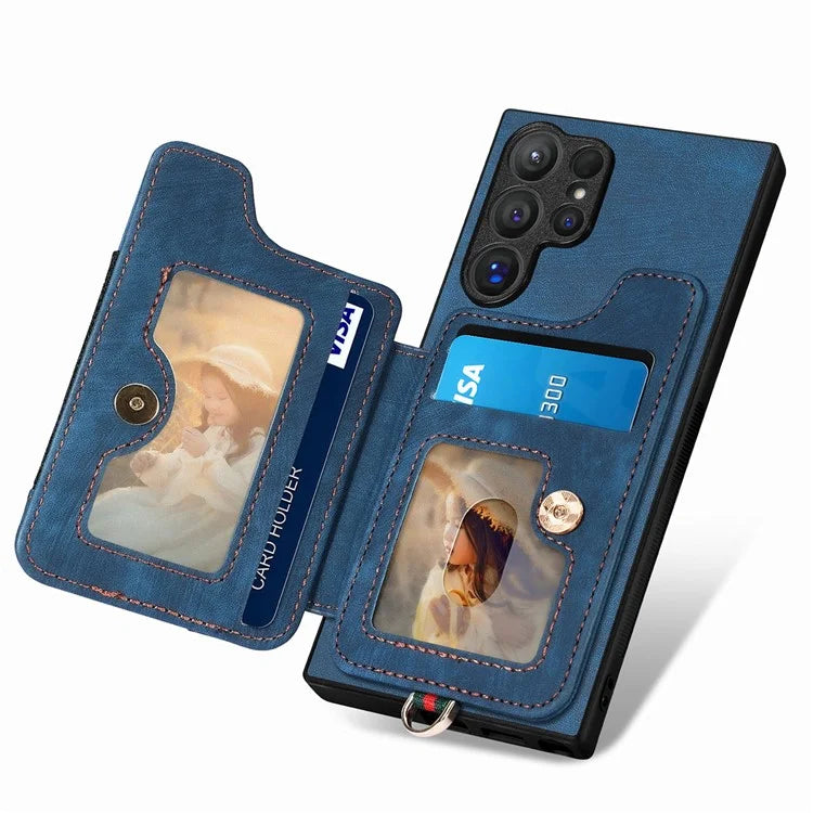 D4 For Samsung Galaxy S24 Ultra Leather Back Cover RFID Blocking Kickstand Phone Case with Card Slots