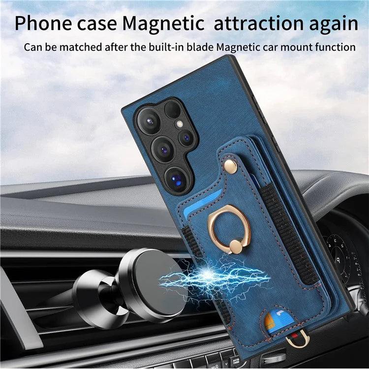 D4 For Samsung Galaxy S24 Ultra Leather Back Cover RFID Blocking Kickstand Phone Case with Card Slots
