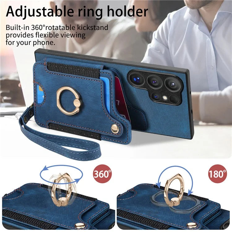 D4 For Samsung Galaxy S24 Ultra Leather Back Cover RFID Blocking Kickstand Phone Case with Card Slots