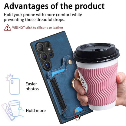 D4 For Samsung Galaxy S24 Ultra Leather Back Cover RFID Blocking Kickstand Phone Case with Card Slots