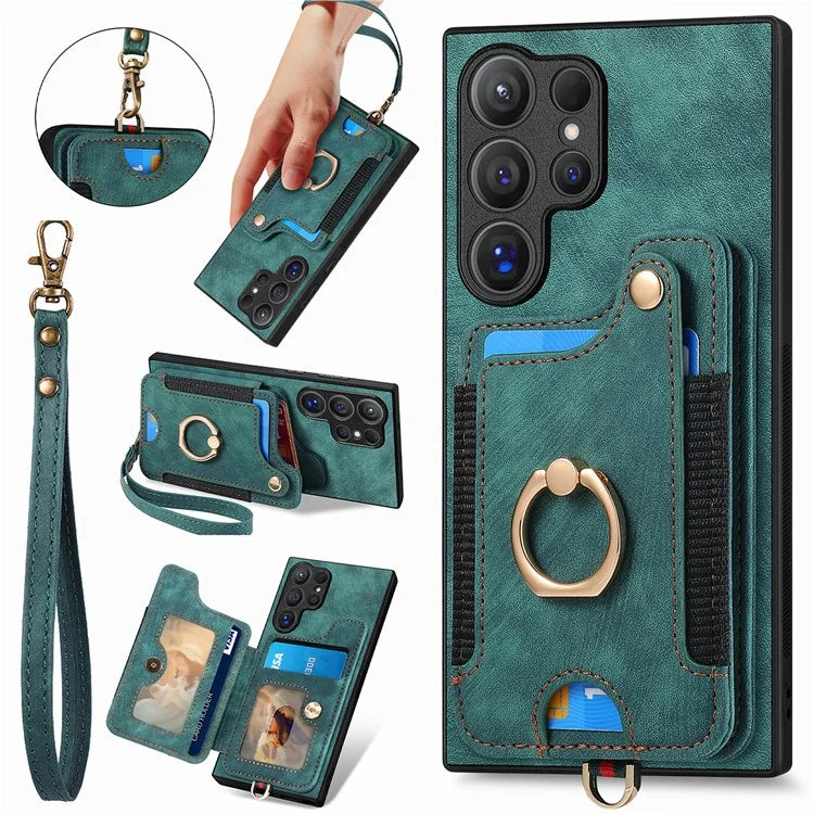 D4 For Samsung Galaxy S24 Ultra Leather Back Cover RFID Blocking Kickstand Phone Case with Card Slots