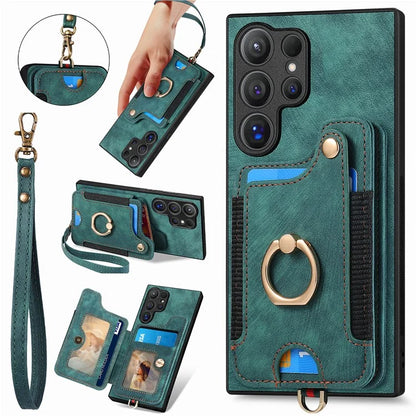 D4 For Samsung Galaxy S24 Ultra Leather Back Cover RFID Blocking Kickstand Phone Case with Card Slots