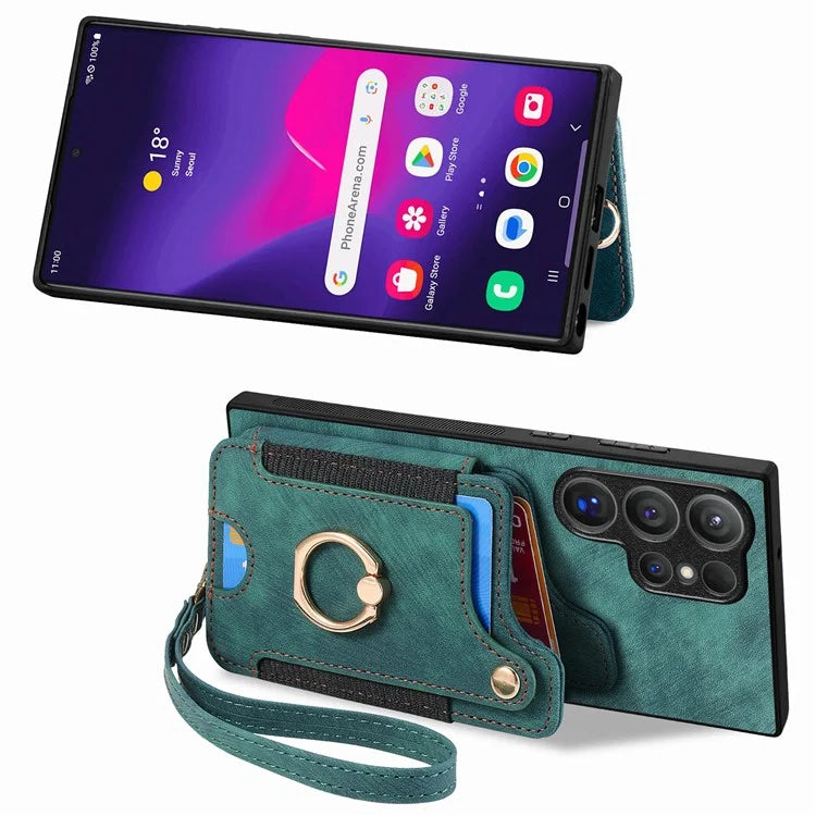 D4 For Samsung Galaxy S24 Ultra Leather Back Cover RFID Blocking Kickstand Phone Case with Card Slots