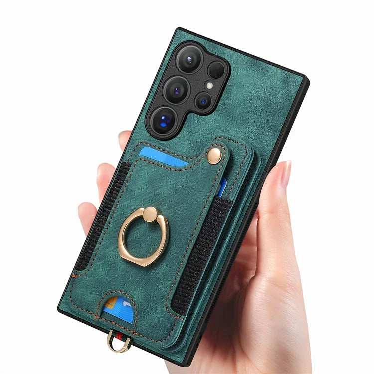 D4 For Samsung Galaxy S24 Ultra Leather Back Cover RFID Blocking Kickstand Phone Case with Card Slots